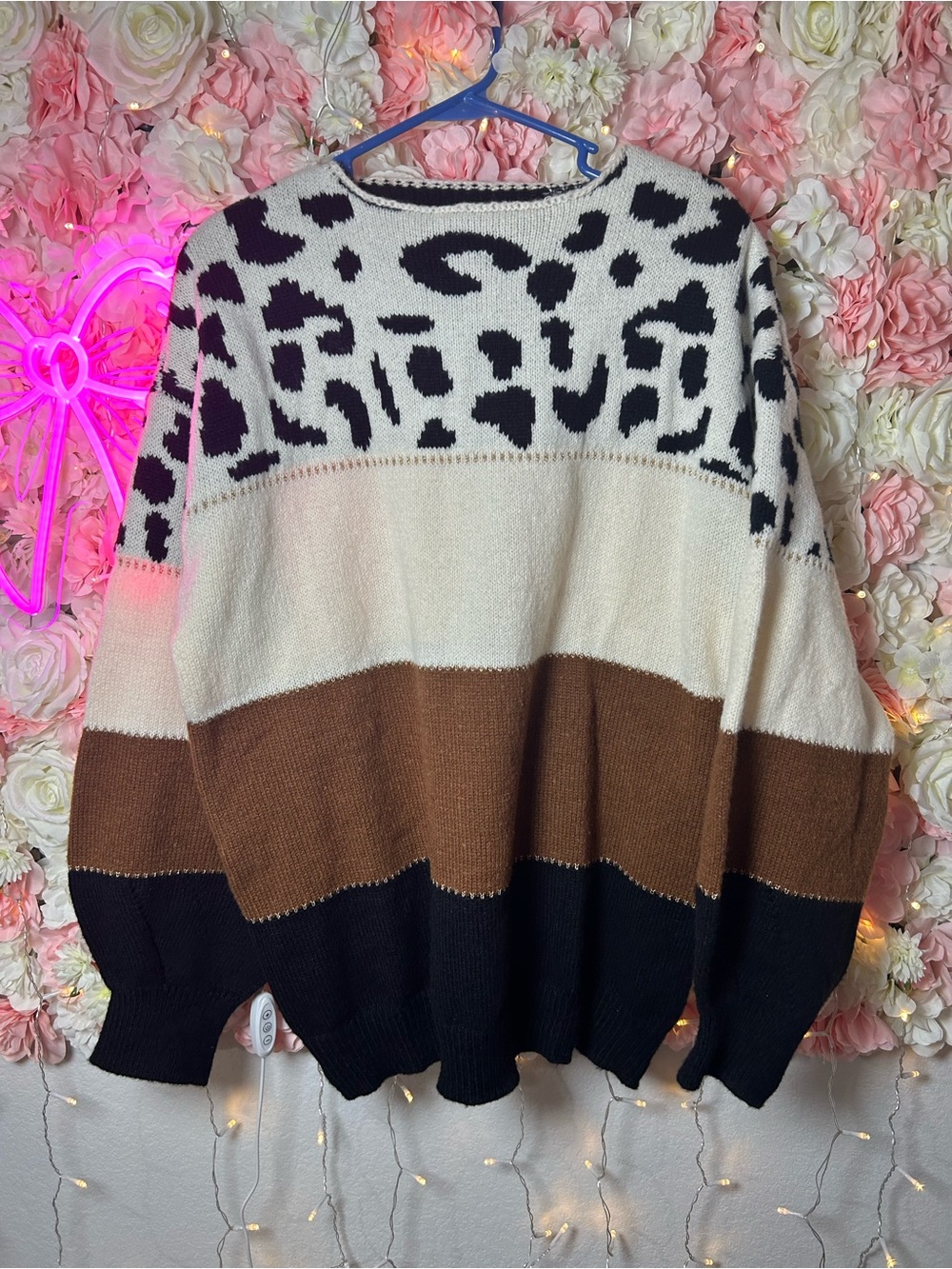 SHEIN Black Brown Cream Leopard-Print Colorblock Crewneck Sweater